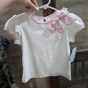 White Short Sleeve Girls Top with Pink Gingham Bow